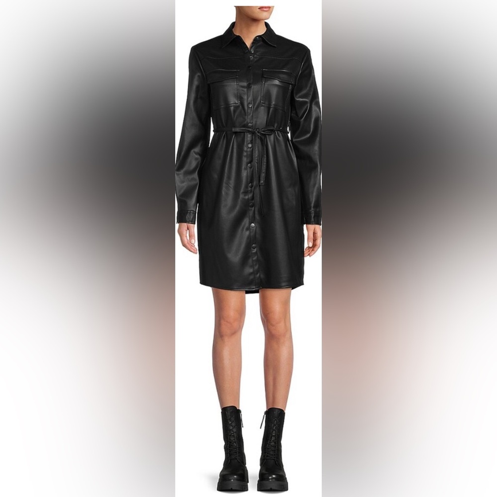 Black Faux Leather Shirt Dress